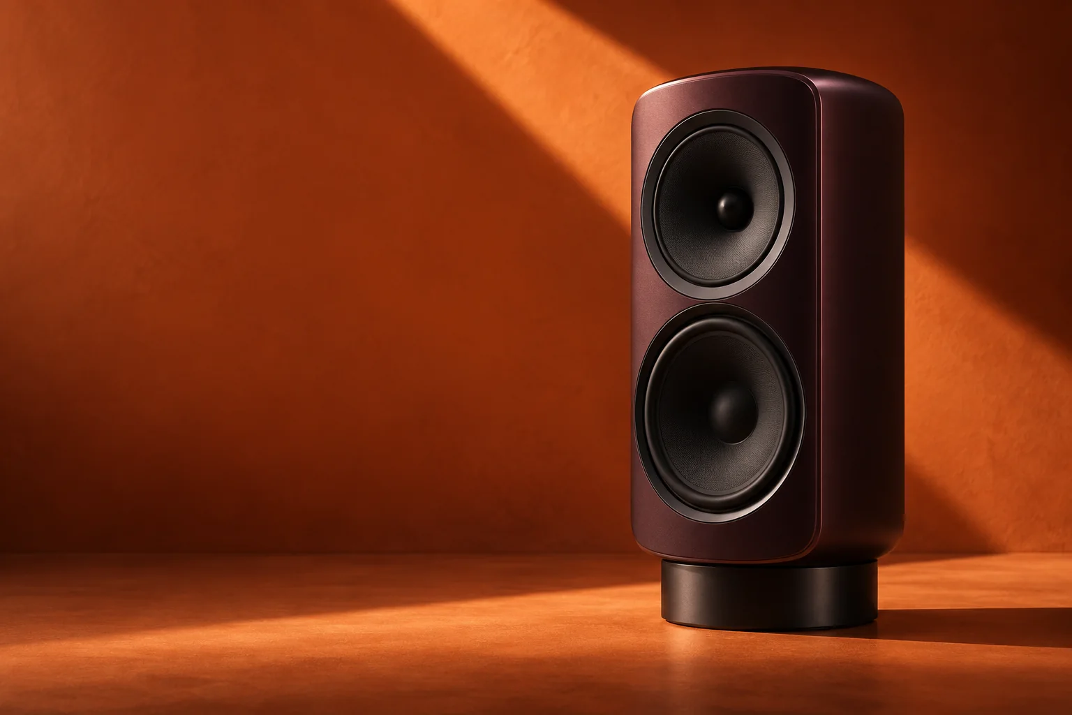 Studio concept: a dark sculptural speaker against a burnt orange backdrop.