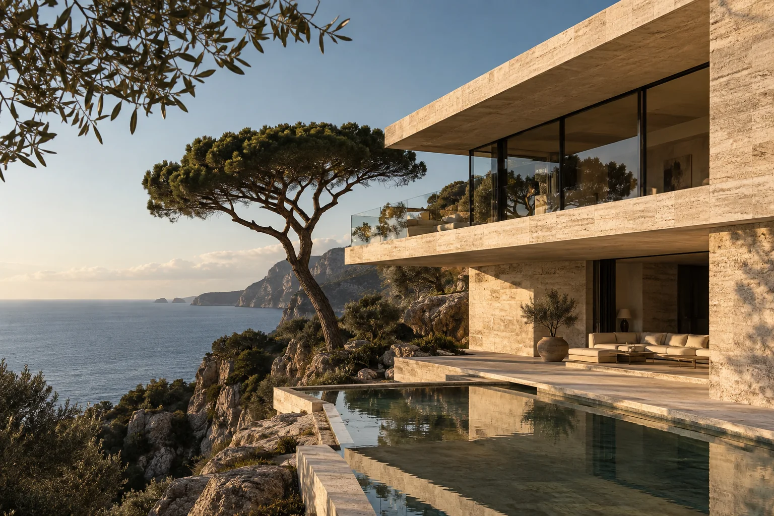 Studio concept: a sculptural coastal villa in warm evening light.
